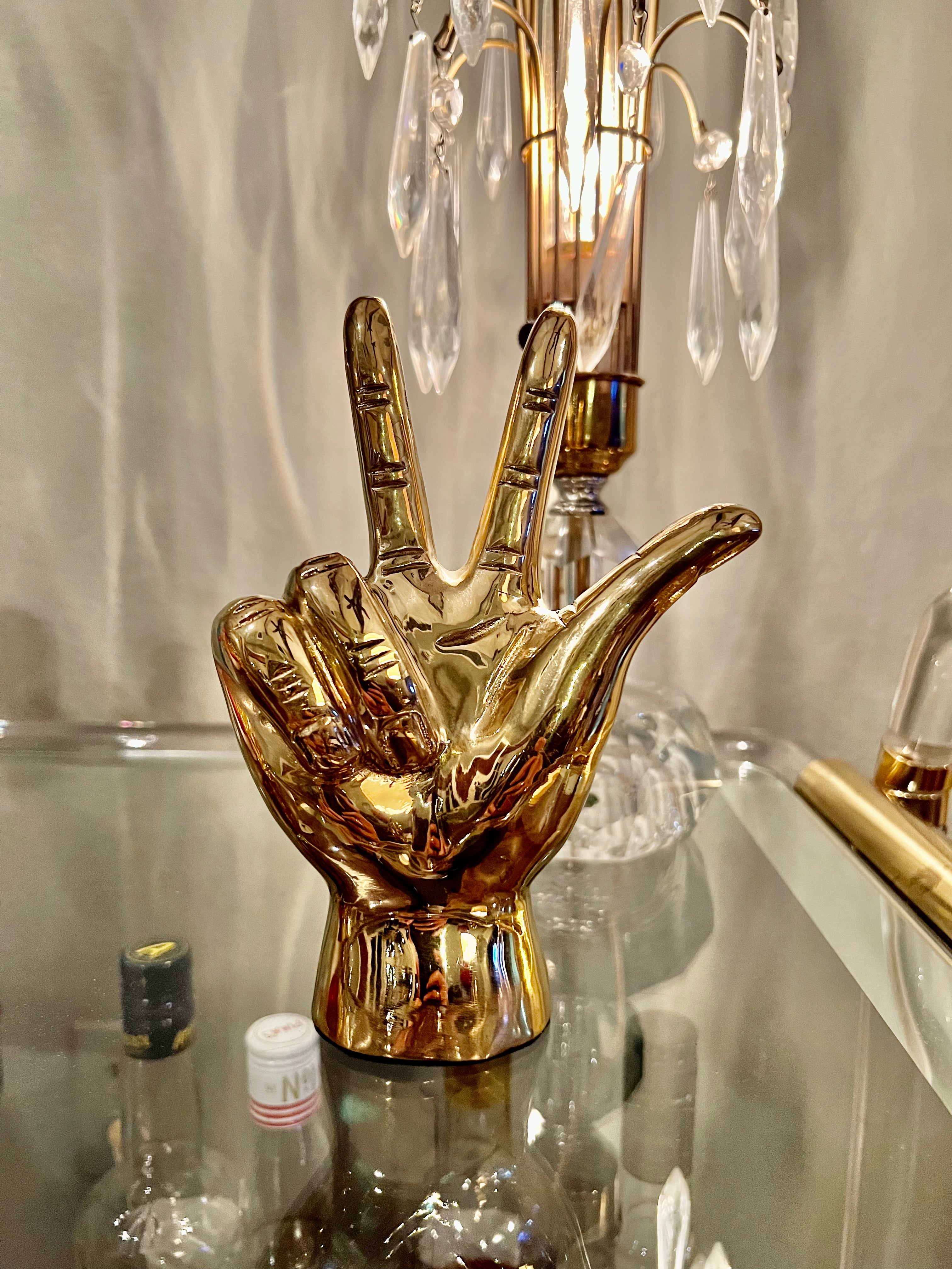 “W” or “UV” or “VU” Hand Sign Sculpture in Brass